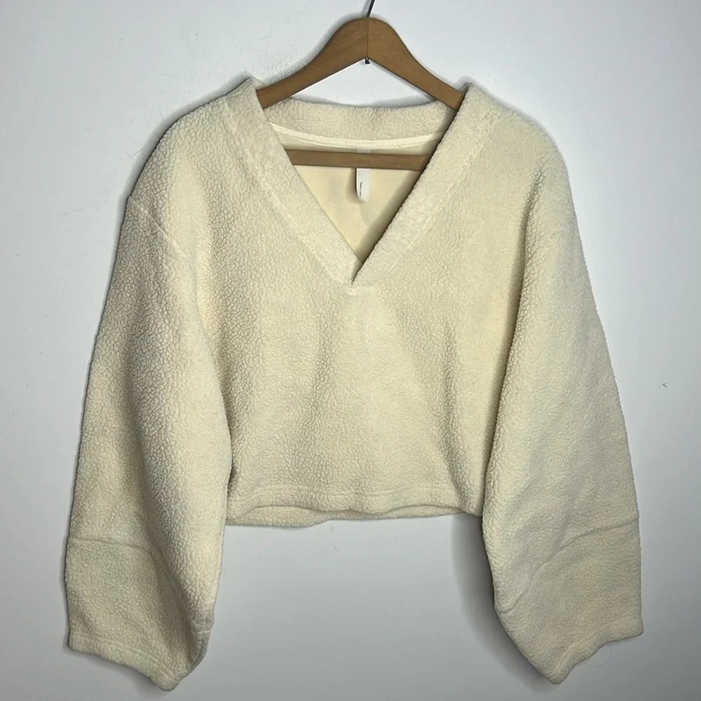 NAP Loungewear Teddy Sherpa Fleece Cropped Sweater Cream V Neck Balloon Sleeve